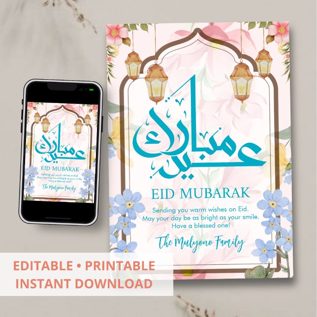 Blått och rosa akvarell blomster Eid Mubarak-kort Julkort (Skapare uppladdad)