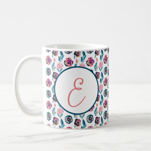 Blått och rosa akvarellblommigt monogrammönster kaffemugg (Vänster)