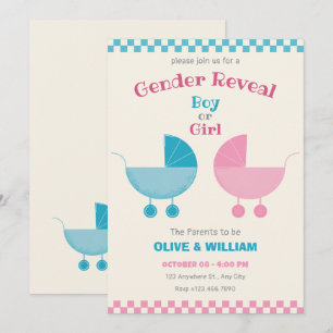 Blått och rosa baby barnvagn gender inbjudningar