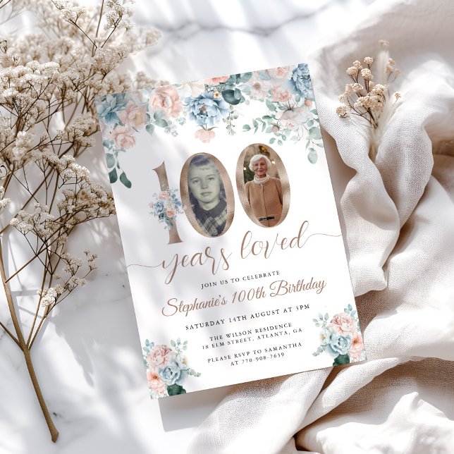 Blått och Rosa Blommigt Foto 100:e födelsedagen Inbjudningar (Skapare uppladdad)