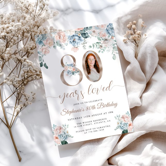 Blått och Rosa Blommigt Foto 80:e födelsedagen Inbjudningar (Skapare uppladdad)