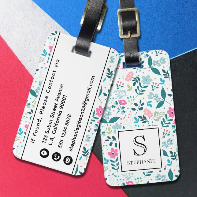 Blått och rosa blommönster med monogramnamn bagagebricka (Skapare uppladdad)