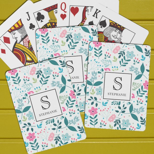 Blått och rosa blommönster med monogramnamn casinokort (Skapare uppladdad)