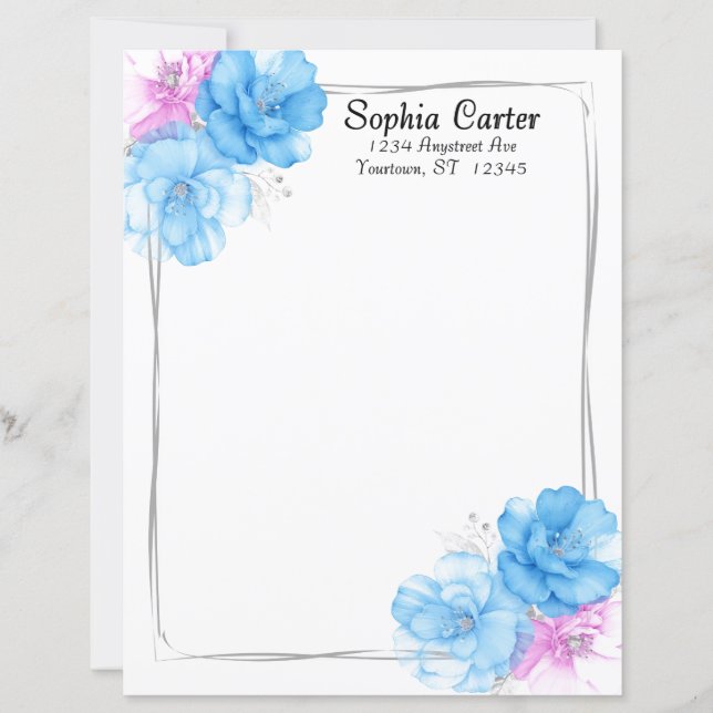 Blått och rosa blomstermönstrat chic brevpapper (Framsida)