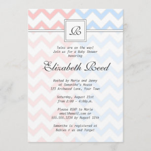 Blått och Rosa Chevron Monogrammed Twillingar Baby Inbjudningar