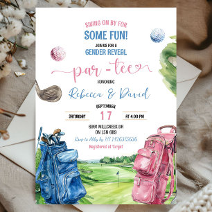 Blått och Rosa Golf Theme Gender Reveal Par Tee Inbjudningar