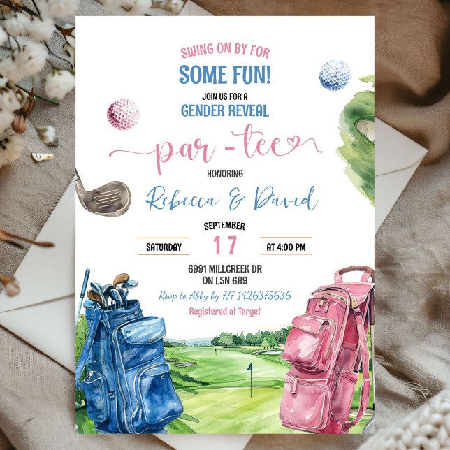 Blått och Rosa Golf Theme Gender Reveal Par Tee Inbjudningar (Skapare uppladdad)
