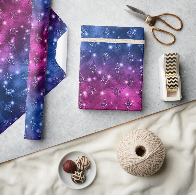 Blått och rosa ombré glitter himmelskt mönster presentpapper (Hantverk)