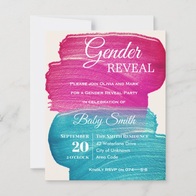 Blått och Rosa Paint Smear Gender Reveal-inbjudan (Framsida)