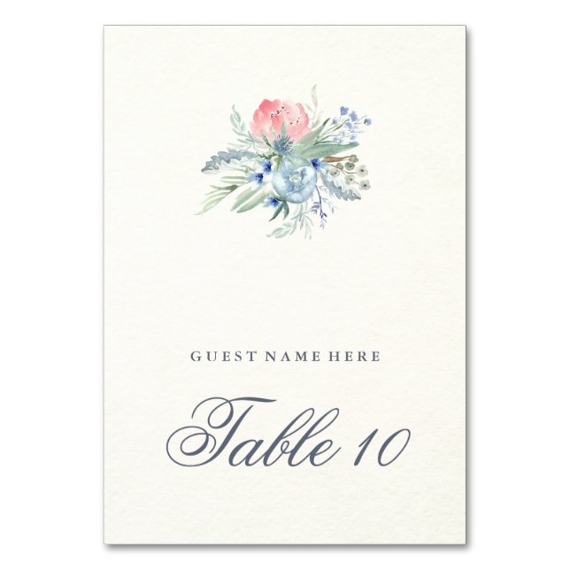 Blått och Rosa Peonies Bröllop Escort Card Bordsnummer (Framsidan)