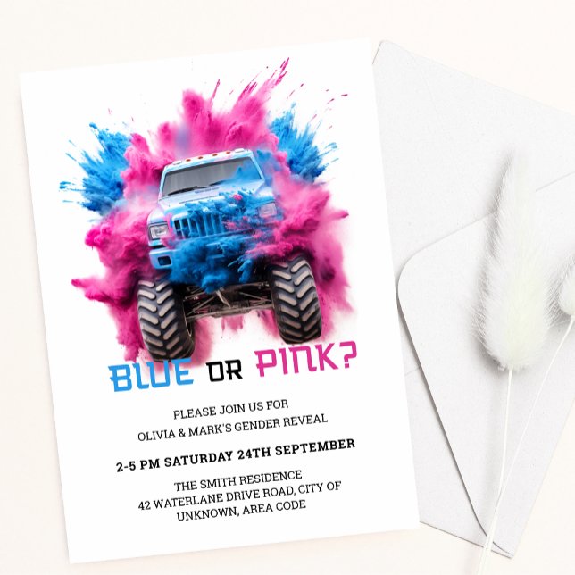 Blått och Rosa Rökning Lastbil Car Baby Gender Rev Inbjudningar (Skapare uppladdad)