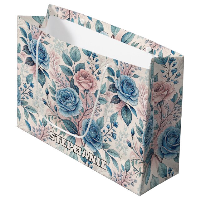 Blått och Rosa ros Mönster på Mjuk Pinkish-White (Framsidan Vinklad)
