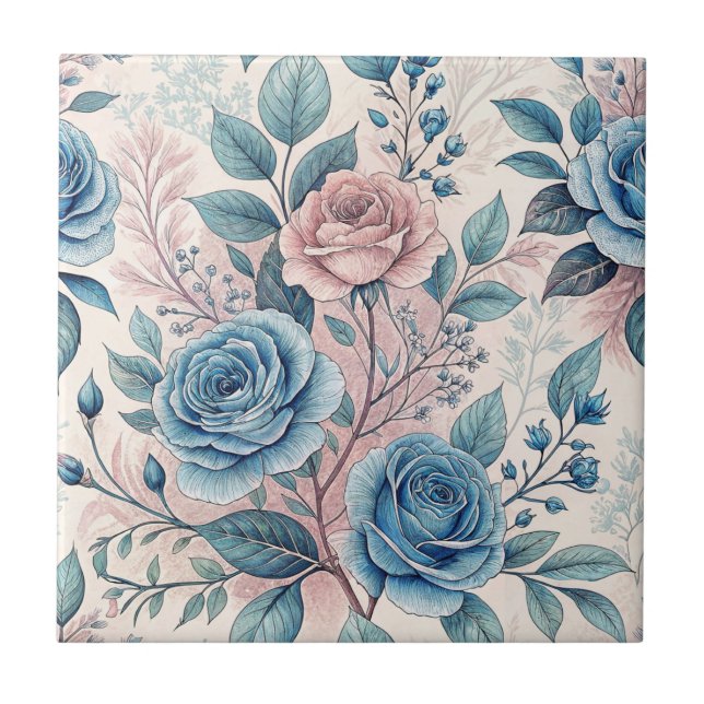 Blått och Rosa ros Mönster på Mjuk Pinkish-White Kakelplatta (Framsidan)