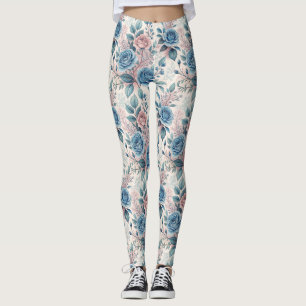 Blått och Rosa ros Mönster på Mjuk Pinkish-White Leggings