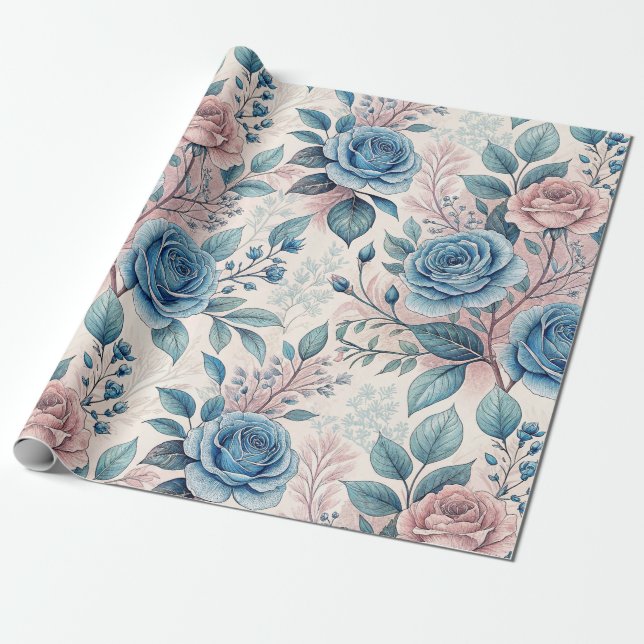 Blått och Rosa ros Mönster på Mjuk Pinkish-White Presentpapper (Utrullad)