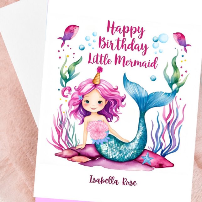 Blått och Rosa Sjöjungfru födelsedagskort för flic Kort (Personalized Mermaid Birthday Card)