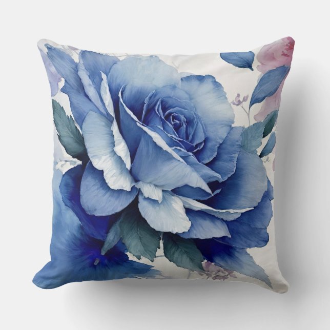 Blått och Rosa vattenfärg Ro Kudde (Framsida)