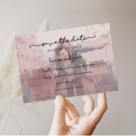 Blått och rosa vattenfärgsfotot spara datumet inbjudningar