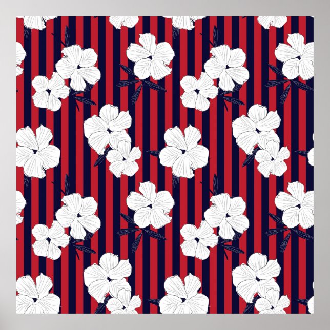 Blått och rött botaniskt Blommigt, sömlöst mönster Poster (Framsidan)