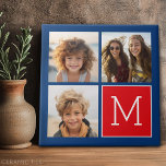 Blått och rött fotokollage med Monogram Kakelplatta<br><div class="desc">Använda 3-kvadratfoton som skapar en unik och personlig gåva. Om du behöver justera bilder klickar du på verktyg för att anpassa ändringar.</div>