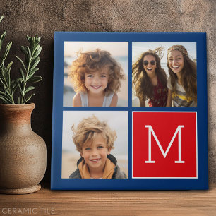 Blått och rött fotokollage med Monogram Kakelplatta