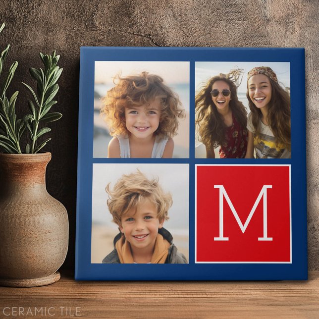 Blått och rött fotokollage med Monogram Kakelplatta (Custom Tile)