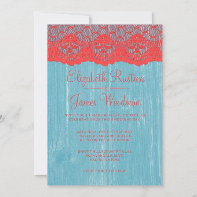 Blått och rött Rustic Snöre Wood Wedding bjudits i Inbjudningar (Framsida)