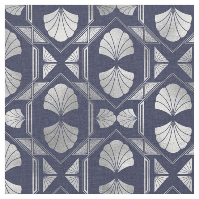 Blått och Silver Art Deco Snäcka Mönster Tyg (Närbild)