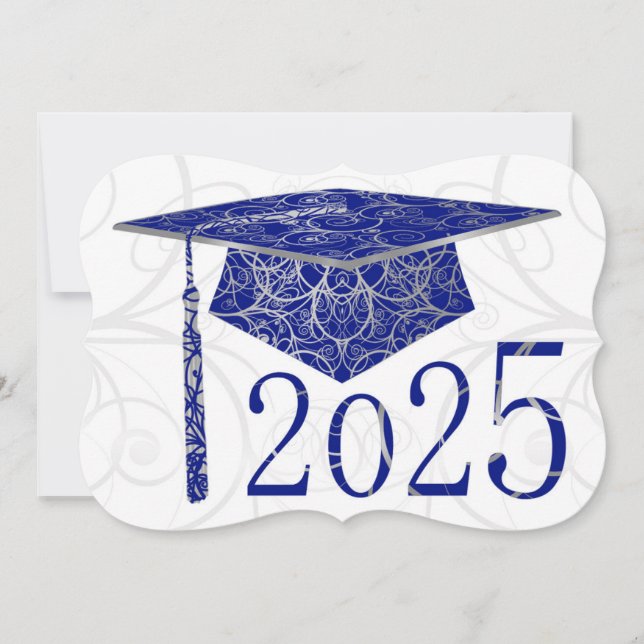 Blått och Silver-Blommigt, Sockel 2025-kort Inbjudningar (Framsida)