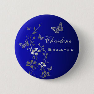 Blått och Silver Butterfly Blommigt Bridesmaid Pin Knapp