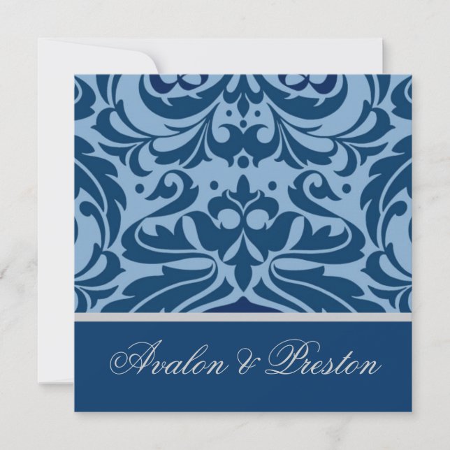 Blått och Silver Damask-inbjudan till Elegant bröl Inbjudningar (Framsida)