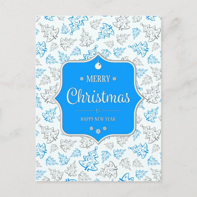 Blått och Silver Elegant Julgranar Mönster Helg Vykort (Framsida)