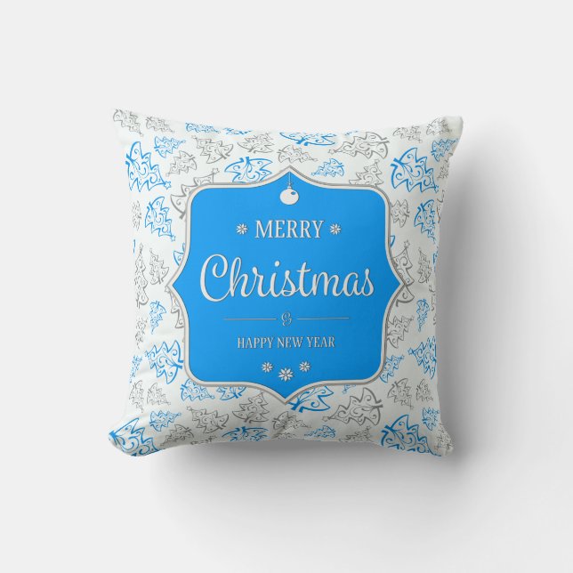 Blått och Silver Elegant Julgranar Mönster Kudde (Framsida)