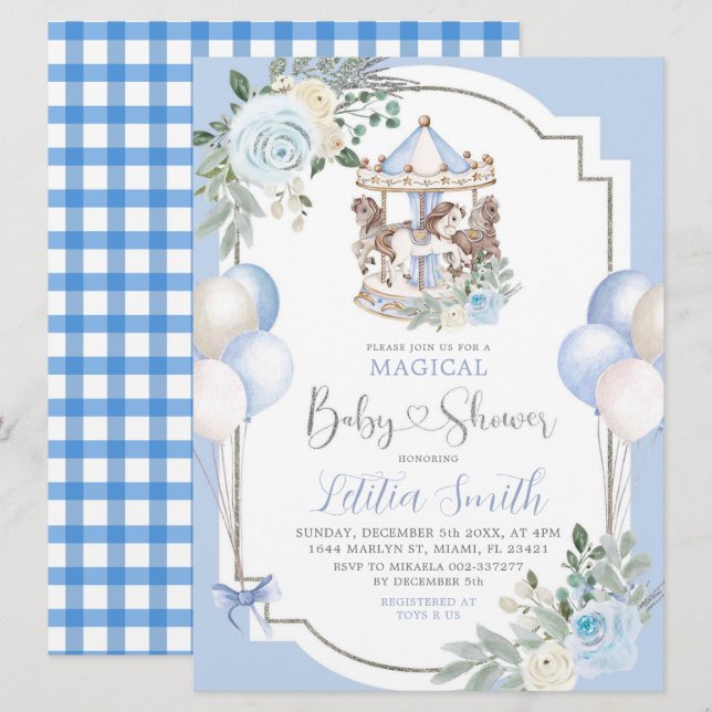 Blått och Silver Magic Carousel Baby Shower Inbjudningar (Fram/baksida)