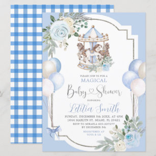 Blått och Silver Magic Carousel Baby Shower Inbjudningar