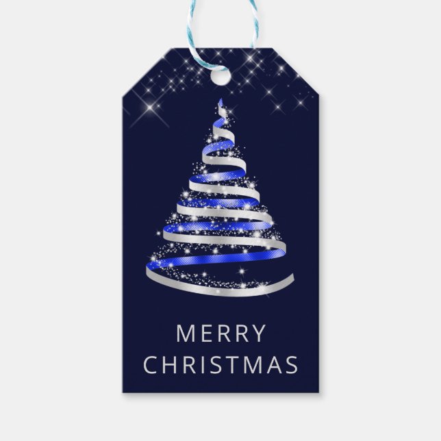 Blått och Silver Ribbon & Glitter Julgran Presentetikett (Framsidan)