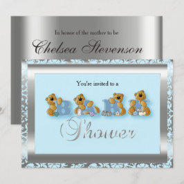 Blått och Silver-skugga med Nalle | Babyskor Inbjudningar