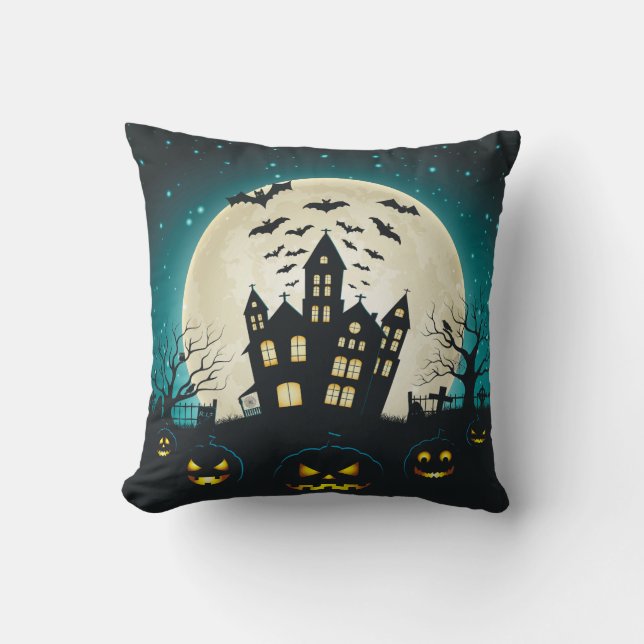 Blått och svart Halloween-kvadrat Kudde (Framsida)