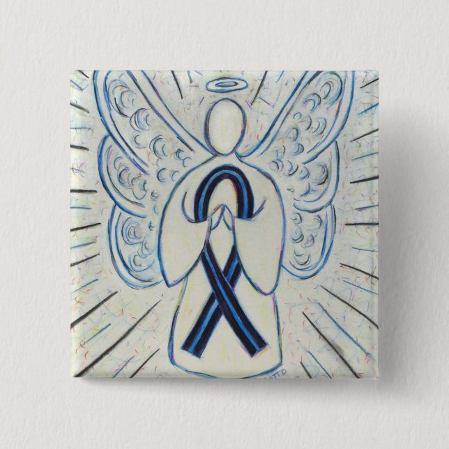 Blått och svart "Ribbon Awareness Angel Pin" Knapp (Framsida)