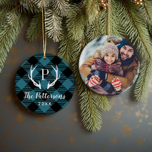 Blått och svart, strålande, Rustic Antler Monogram Julgransprydnad Keramik