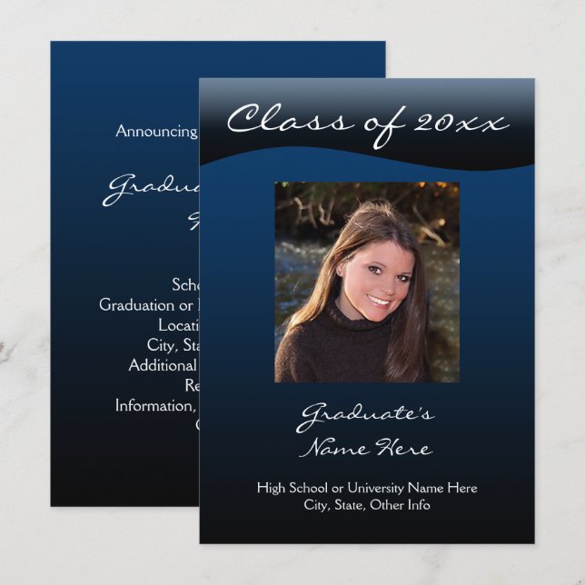 Blått och svart Studenten-meddelande Inbjudningar (Fram/baksida)