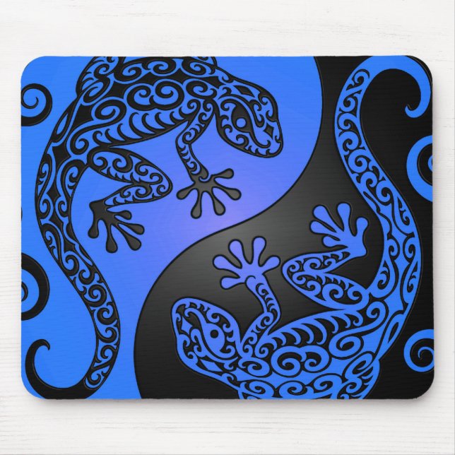 Blått och svart Yin Yang Geckos Musmatta (Framsidan)