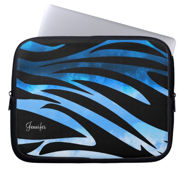 Blått och svart Zebra-randig Mönster Laptop Sleeve (Framsidan)