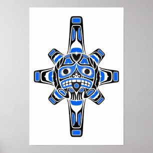 Blått- och svartHaidasolen maskerar på vit Poster
