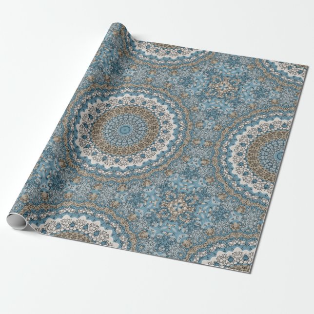 Blått och Tan Mandala Invecklad Geometrisk Mönster Presentpapper (Utrullad)