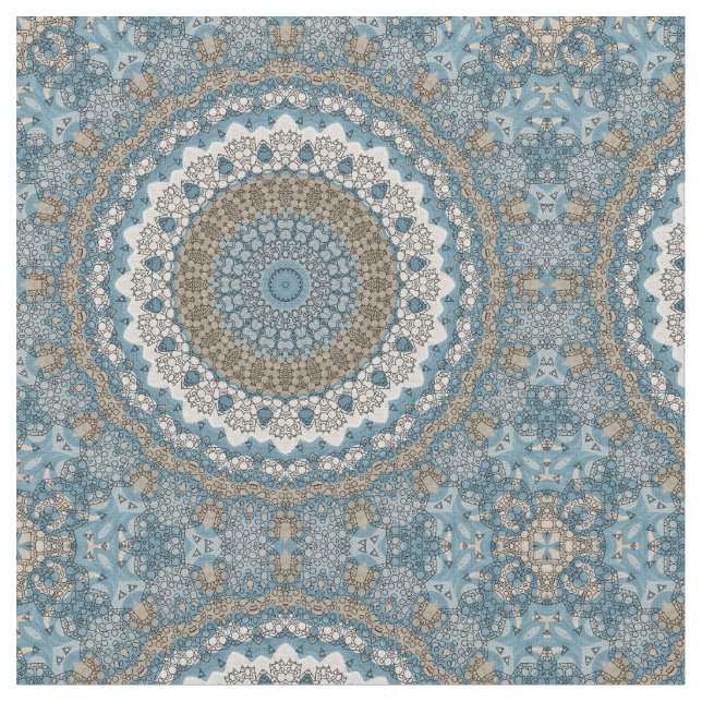 Blått och Tan Mandala Invecklad Geometrisk Mönster Tyg (Närbild)