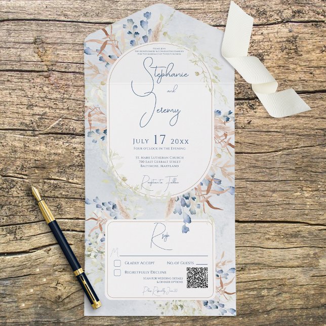 Blått och tontorkat Boho Flowers Blue QR-kod (Skapare uppladdad)