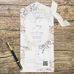 Blått och torkat Boho Flowers Vit QR-kod