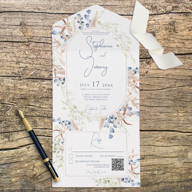 Blått och torkat Boho Flowers Vit QR-kod (Skapare uppladdad)