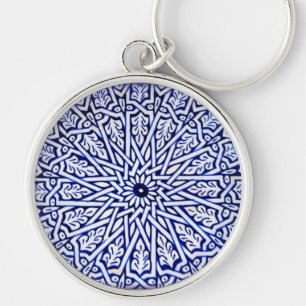 Blått och vit Keychain Rund Silverfärgad Nyckelring